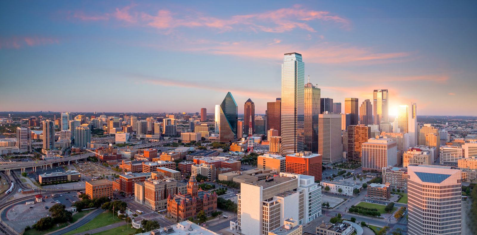 Downtown Dallas skyline at sunset